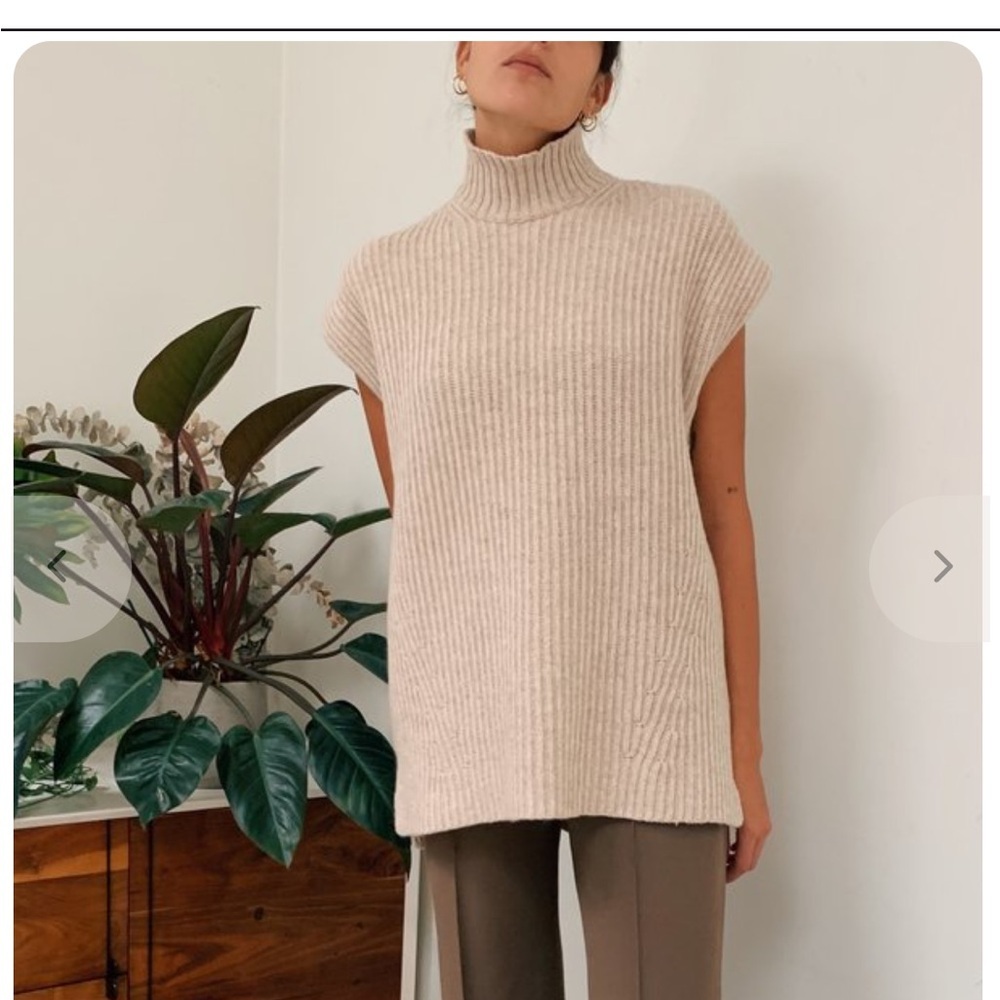 Ganni sweater chunky knit sleeveless tan brown turtleneck oversized boxy medium
